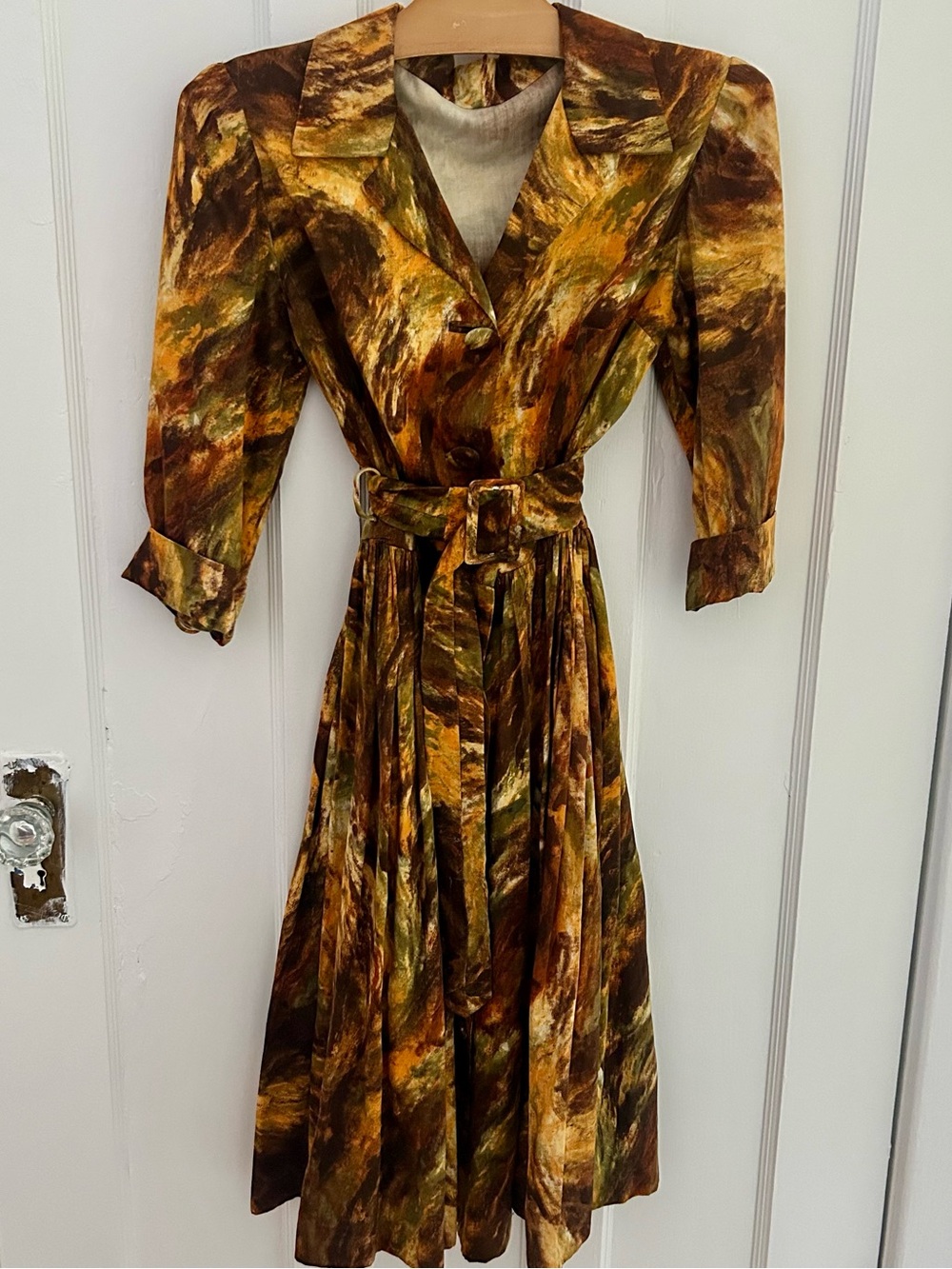 Vintage 1960s Abstract Print Belted Dress XS S Pinup Mad Men Rockabilly